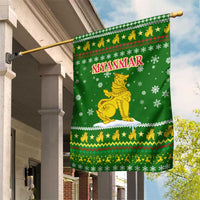 Myanmar Christmas Garden Flag with Green-Gold Theme, Chinthe Lion, and Santa Motif - Wonder Print Shop