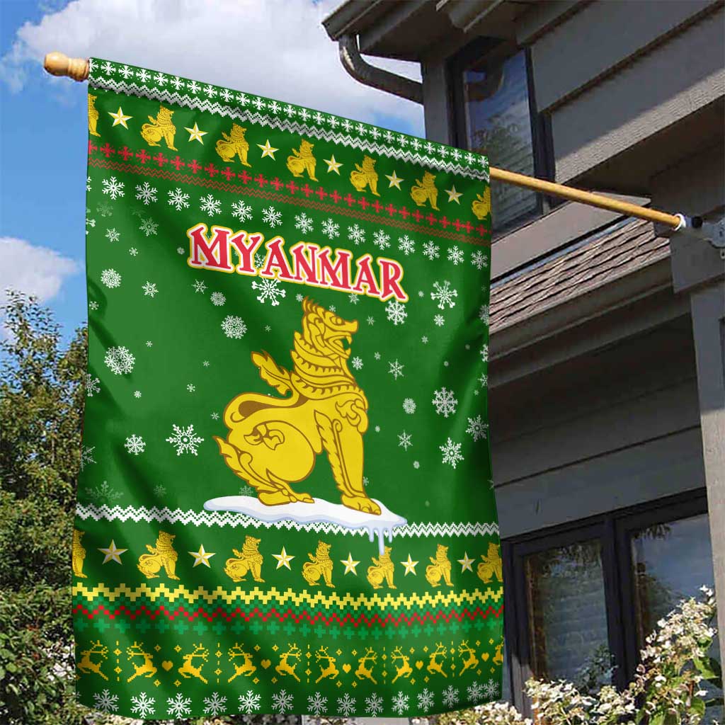 Myanmar Christmas Garden Flag with Green-Gold Theme, Chinthe Lion, and Santa Motif - Wonder Print Shop