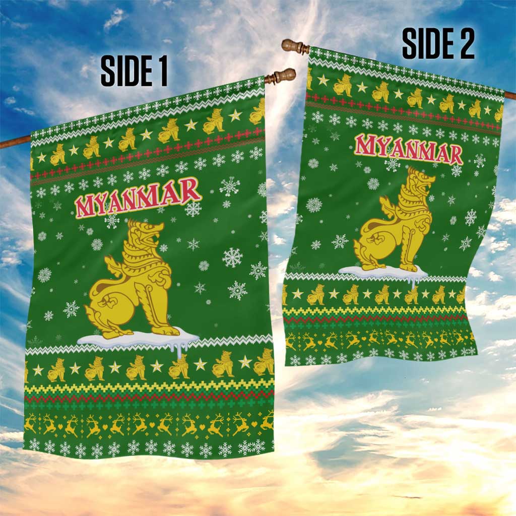 Myanmar Christmas Garden Flag with Green-Gold Theme, Chinthe Lion, and Santa Motif - Wonder Print Shop