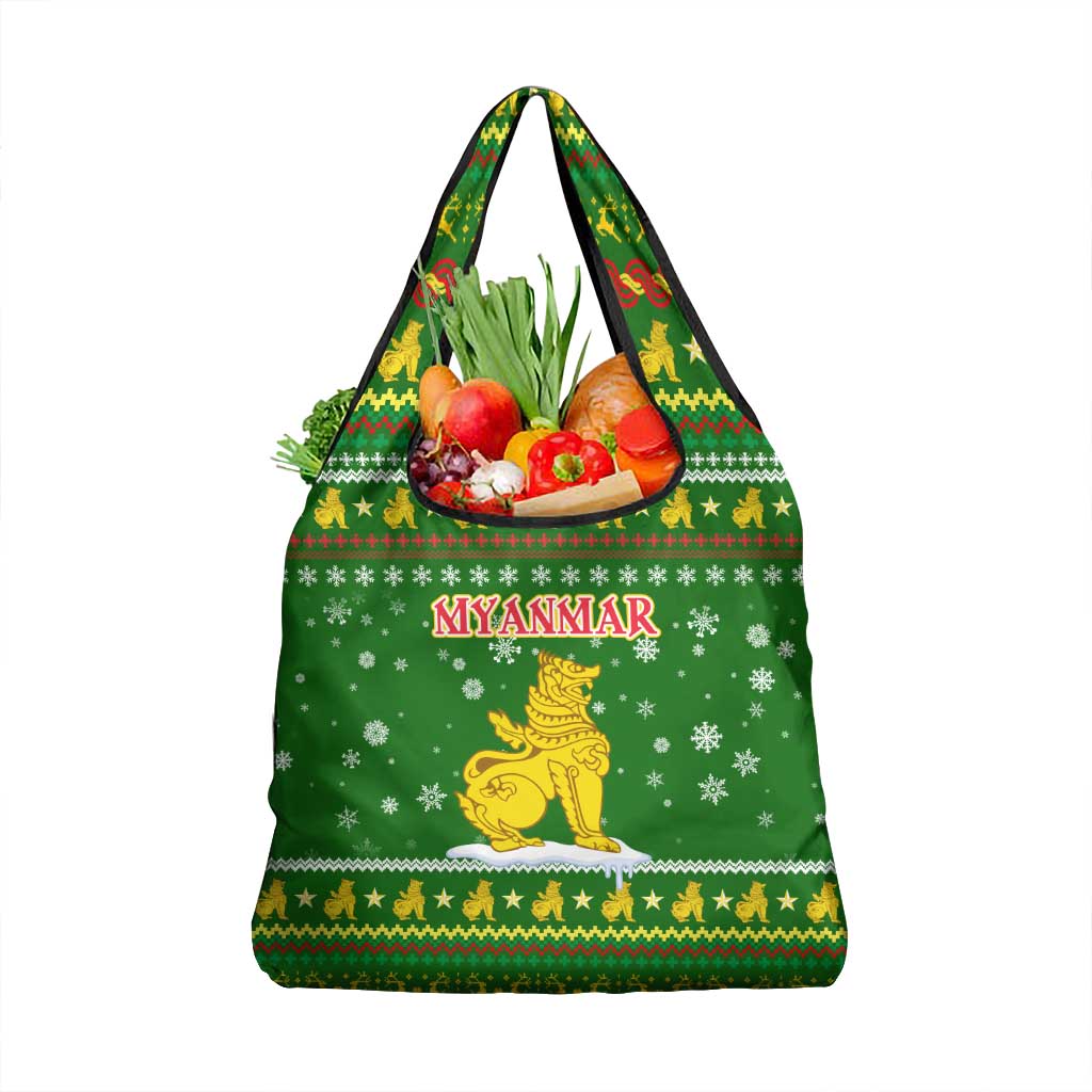 Myanmar Christmas Grocery Bag with Green-Gold Theme, Chinthe Lion, and Santa Motif - Wonder Print Shop