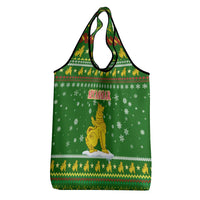Myanmar Christmas Grocery Bag with Green-Gold Theme, Chinthe Lion, and Santa Motif - Wonder Print Shop