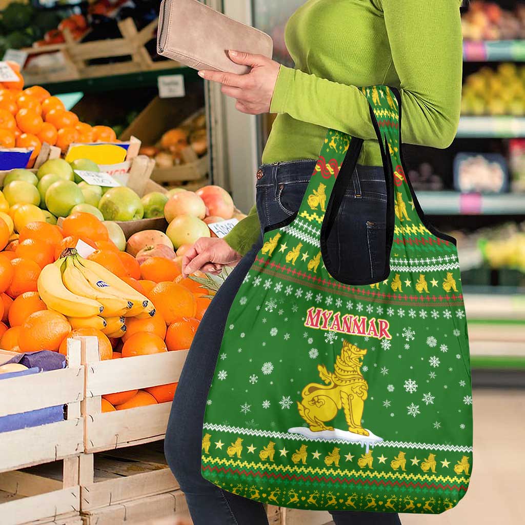 Myanmar Christmas Grocery Bag with Green-Gold Theme, Chinthe Lion, and Santa Motif - Wonder Print Shop