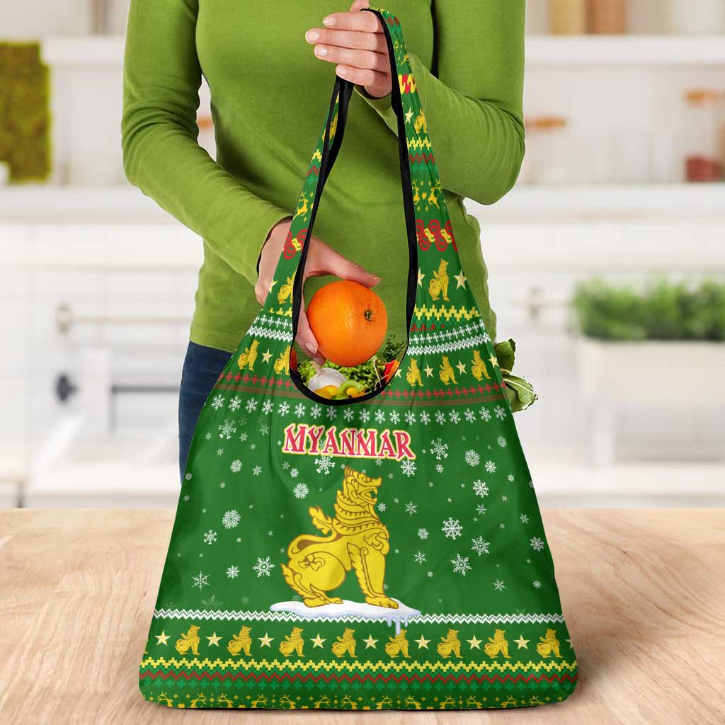 Myanmar Christmas Grocery Bag with Green-Gold Theme, Chinthe Lion, and Santa Motif - Wonder Print Shop