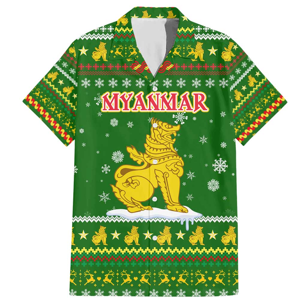 Myanmar Christmas Hawaiian Shirt with Green-Gold Theme, Chinthe Lion, and Santa Motif - Wonder Print Shop