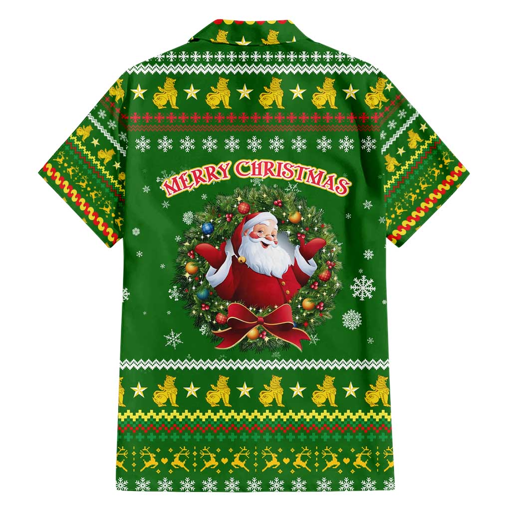 Myanmar Christmas Hawaiian Shirt with Green-Gold Theme, Chinthe Lion, and Santa Motif - Wonder Print Shop