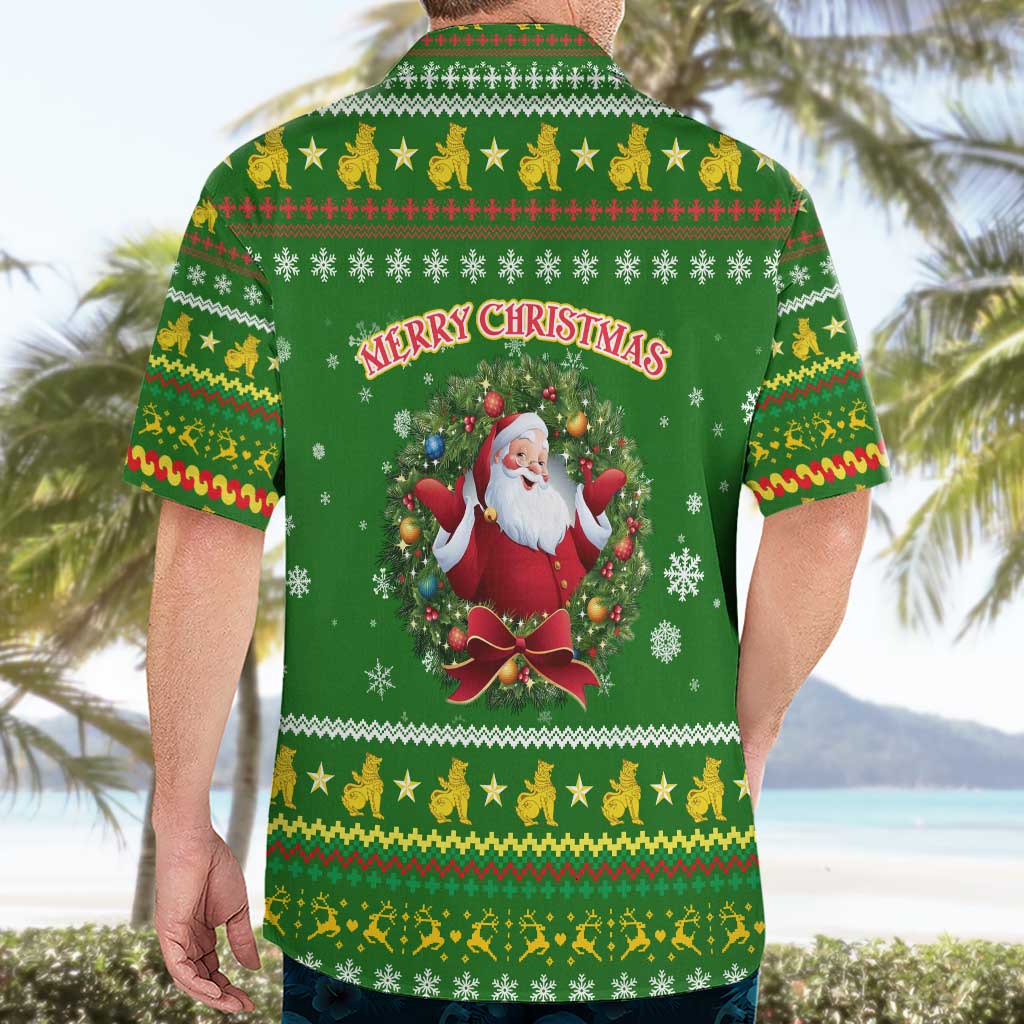 Myanmar Christmas Hawaiian Shirt with Green-Gold Theme, Chinthe Lion, and Santa Motif - Wonder Print Shop