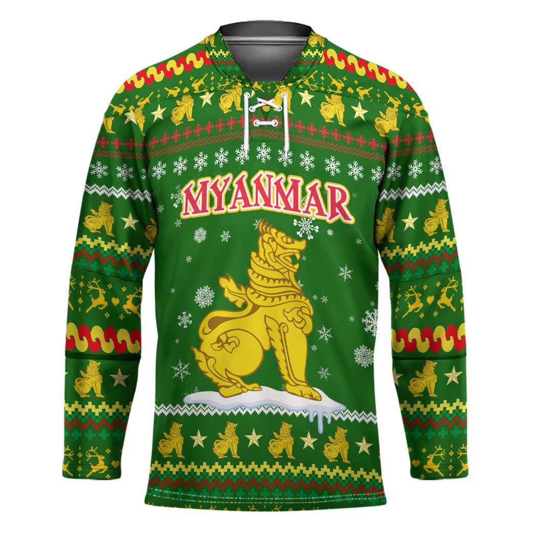 Myanmar Christmas Hockey Jersey with Green-Gold Theme, Chinthe Lion, and Santa Motif - Wonder Print Shop