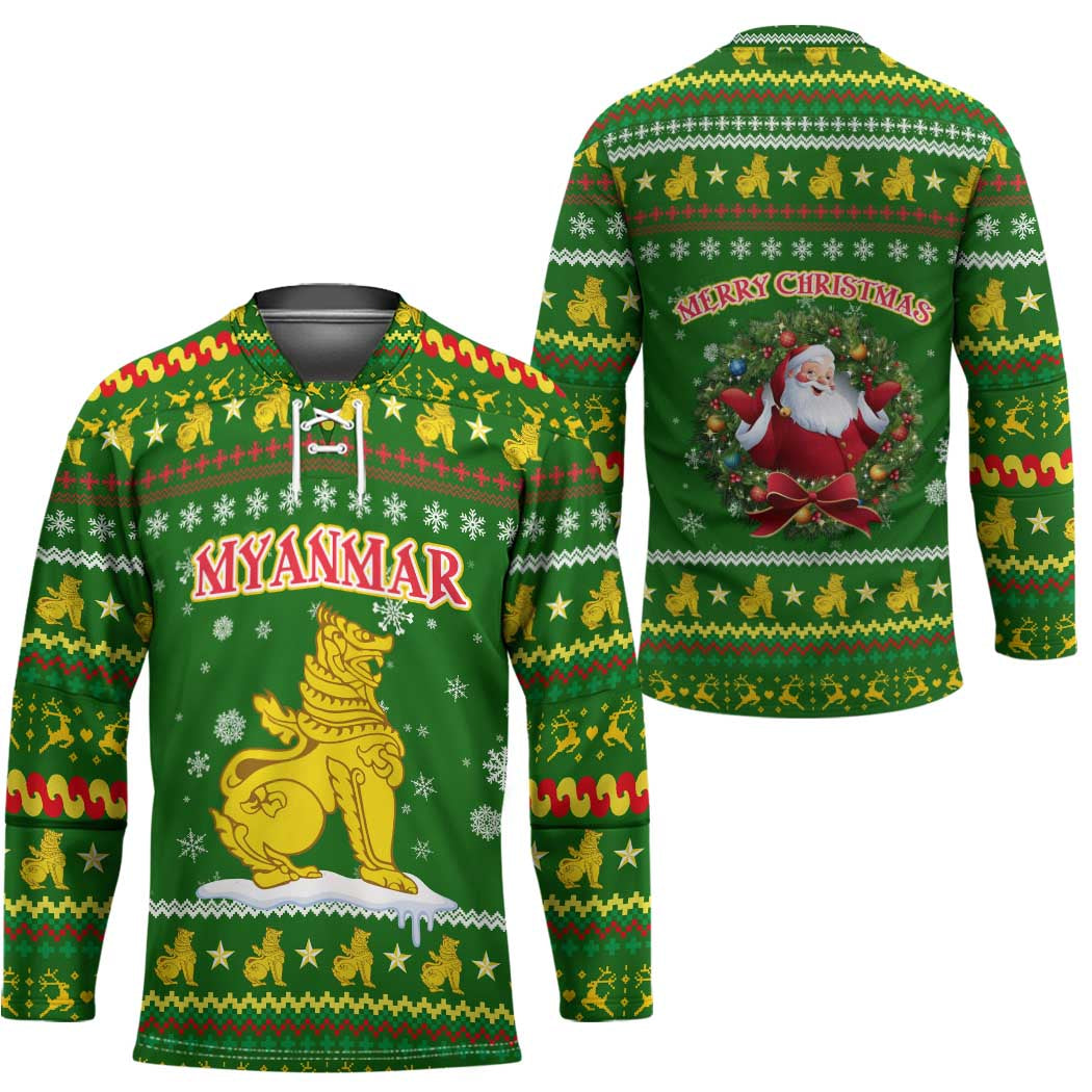 Myanmar Christmas Hockey Jersey with Green-Gold Theme, Chinthe Lion, and Santa Motif - Wonder Print Shop