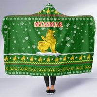 Myanmar Christmas Hooded Blanket with Green-Gold Theme, Chinthe Lion, and Santa Motif - Wonder Print Shop