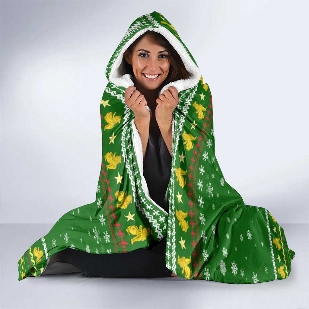 Myanmar Christmas Hooded Blanket with Green-Gold Theme, Chinthe Lion, and Santa Motif - Wonder Print Shop