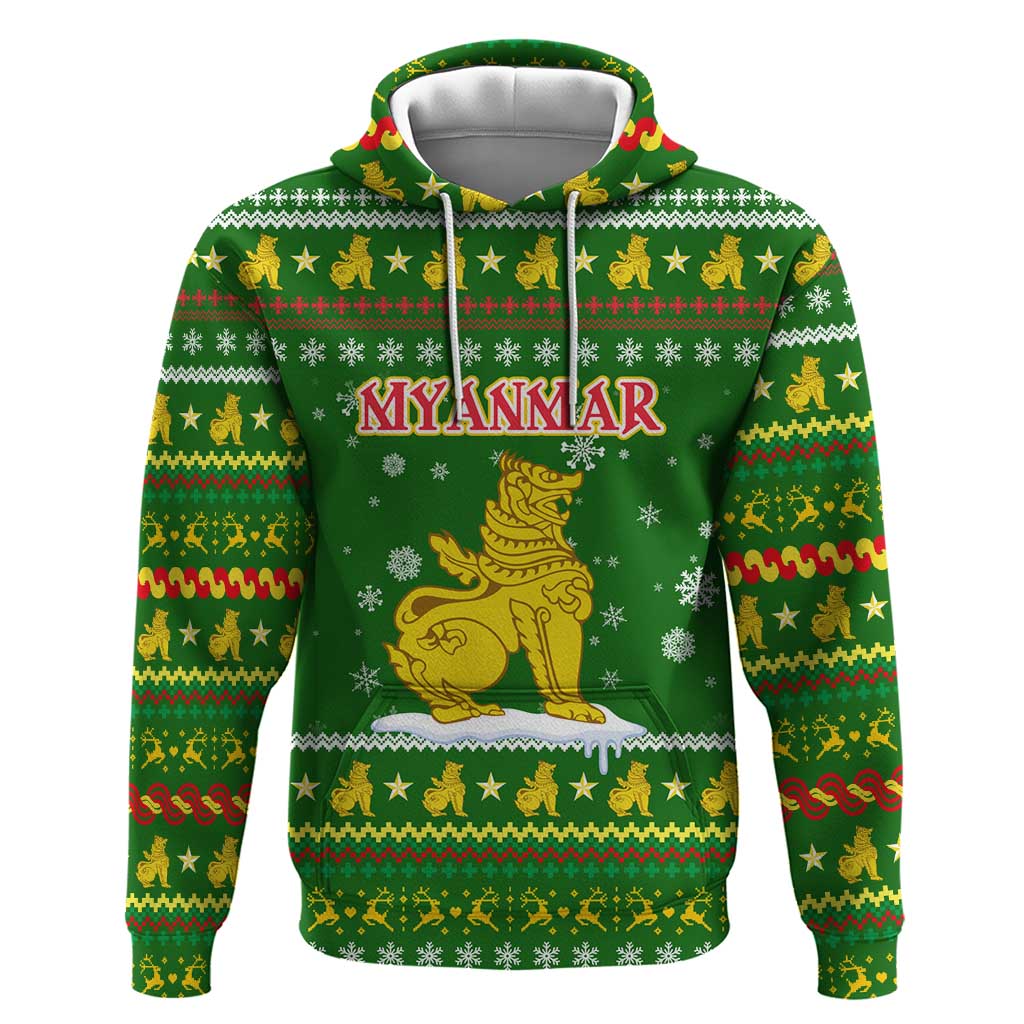 Myanmar Christmas Hoodie with Green-Gold Theme, Chinthe Lion, and Santa Motif - Wonder Print Shop