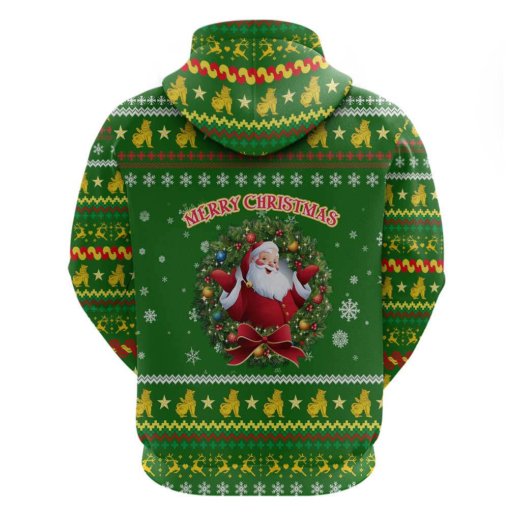 Myanmar Christmas Hoodie with Green-Gold Theme, Chinthe Lion, and Santa Motif - Wonder Print Shop