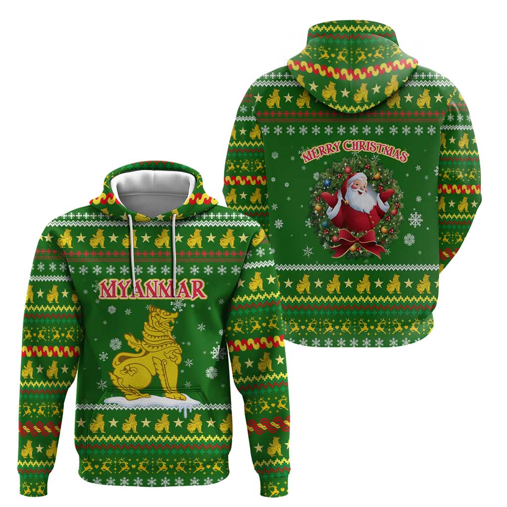 Myanmar Christmas Hoodie with Green-Gold Theme, Chinthe Lion, and Santa Motif - Wonder Print Shop