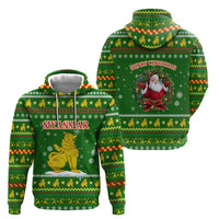 Myanmar Christmas Hoodie with Green-Gold Theme, Chinthe Lion, and Santa Motif - Wonder Print Shop