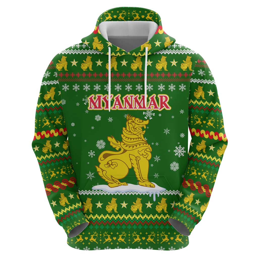 Myanmar Christmas Hoodie with Green-Gold Theme, Chinthe Lion, and Santa Motif - Wonder Print Shop