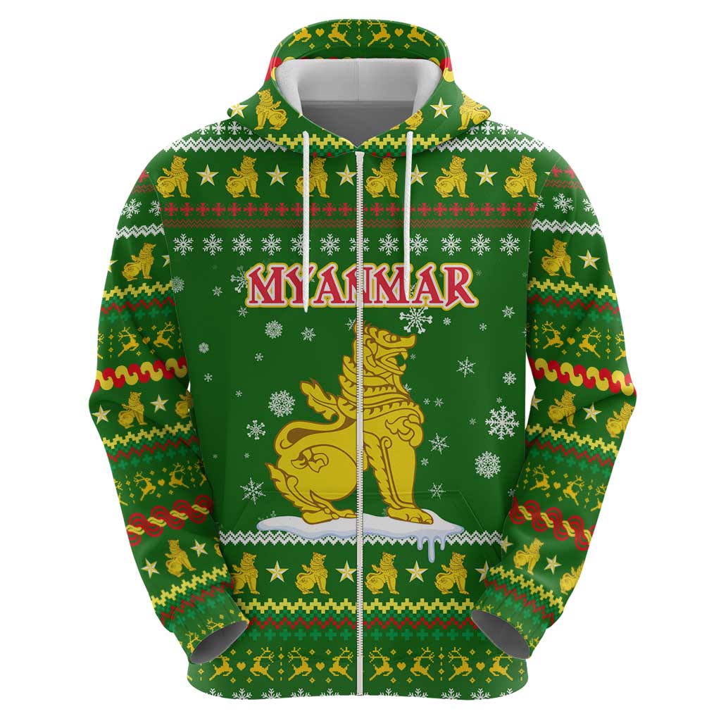 Myanmar Christmas Hoodie with Green-Gold Theme, Chinthe Lion, and Santa Motif - Wonder Print Shop