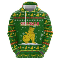 Myanmar Christmas Hoodie with Green-Gold Theme, Chinthe Lion, and Santa Motif - Wonder Print Shop