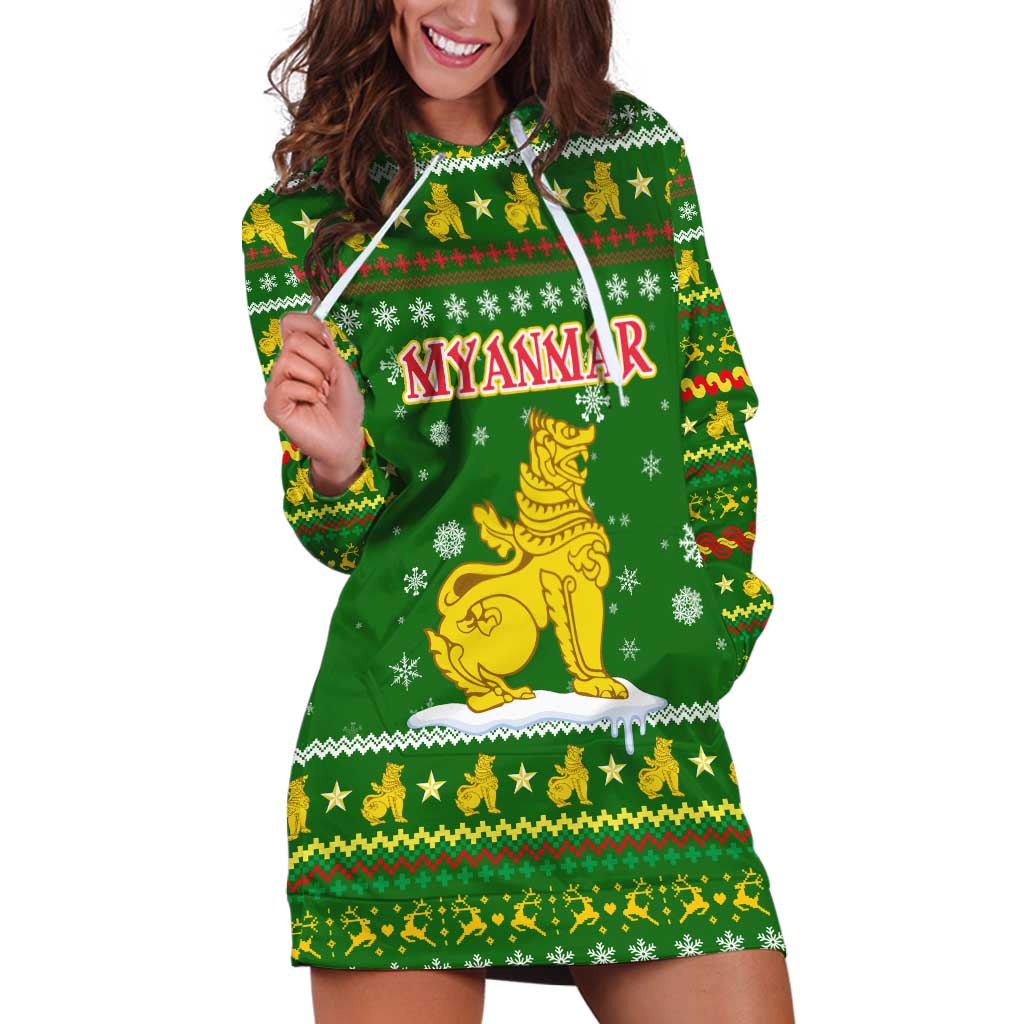 Myanmar Christmas Hoodie Dress with Green-Gold Theme, Chinthe Lion, and Santa Motif - Wonder Print Shop