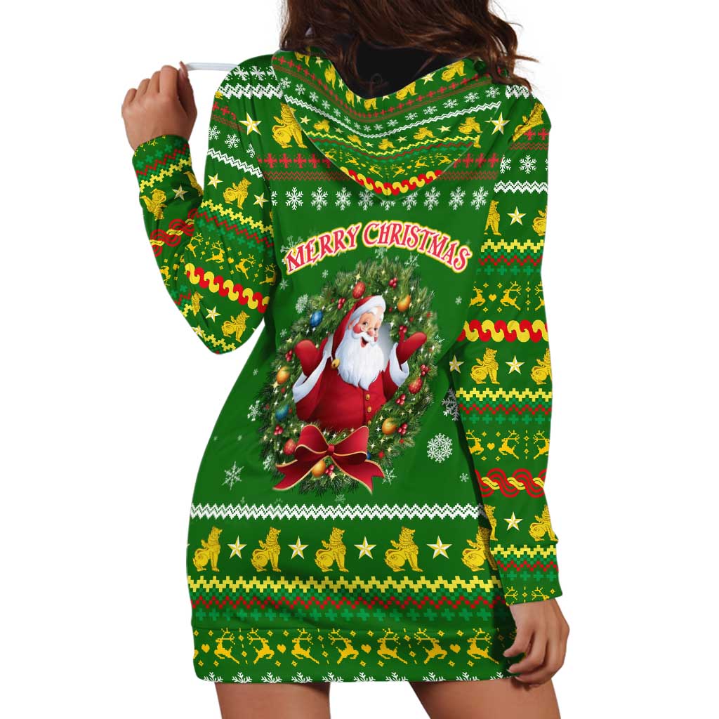 Myanmar Christmas Hoodie Dress with Green-Gold Theme, Chinthe Lion, and Santa Motif - Wonder Print Shop