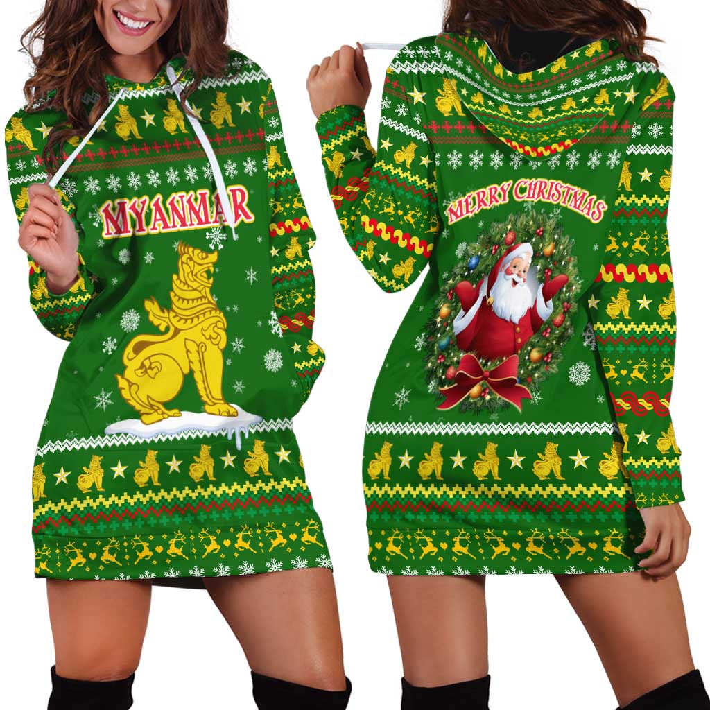 Myanmar Christmas Hoodie Dress with Green-Gold Theme, Chinthe Lion, and Santa Motif - Wonder Print Shop