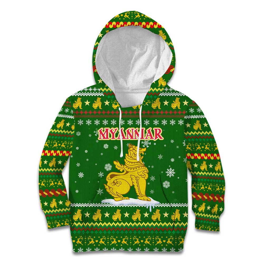 Myanmar Christmas Kid Hoodie with Green-Gold Theme, Chinthe Lion, and Santa Motif - Wonder Print Shop
