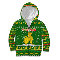 Myanmar Christmas Kid Hoodie with Green-Gold Theme, Chinthe Lion, and Santa Motif - Wonder Print Shop