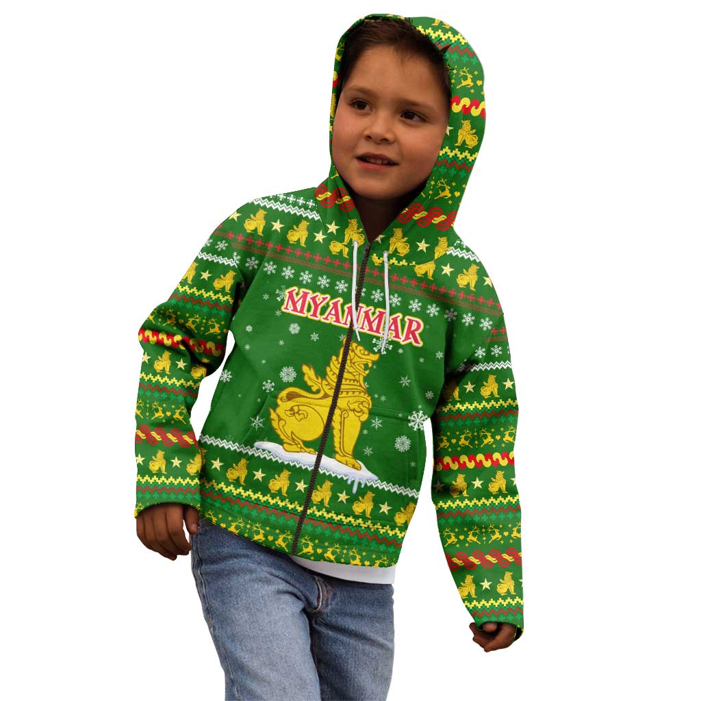Myanmar Christmas Kid Hoodie with Green-Gold Theme, Chinthe Lion, and Santa Motif - Wonder Print Shop