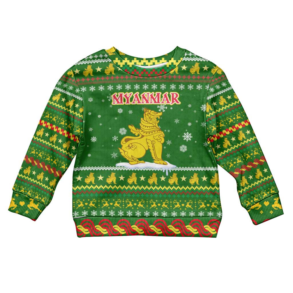 Myanmar Christmas Kid Ugly Christmas Sweater with Green-Gold Theme, Chinthe Lion, and Santa Motif - Wonder Print Shop