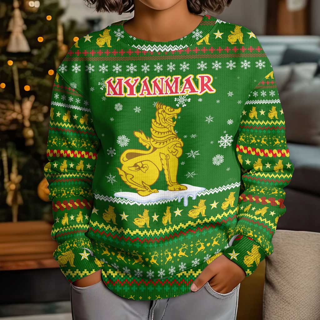 Myanmar Christmas Kid Ugly Christmas Sweater with Green-Gold Theme, Chinthe Lion, and Santa Motif - Wonder Print Shop