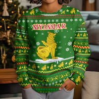 Myanmar Christmas Kid Ugly Christmas Sweater with Green-Gold Theme, Chinthe Lion, and Santa Motif - Wonder Print Shop