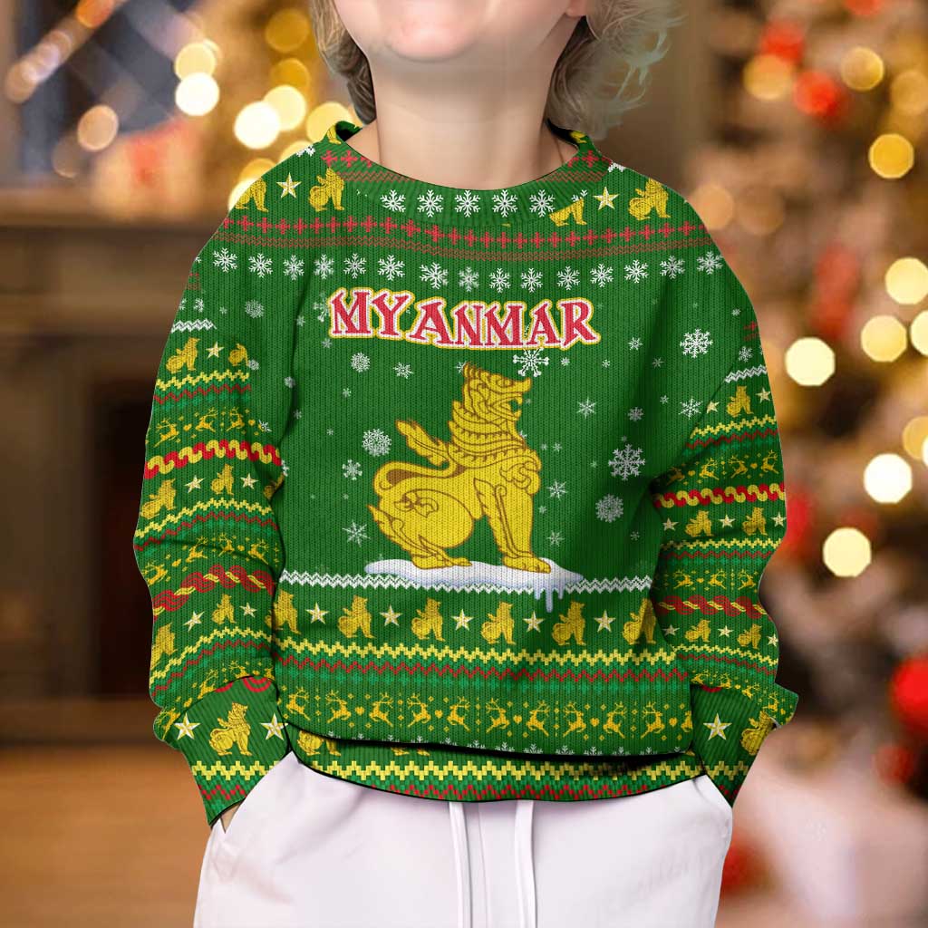 Myanmar Christmas Kid Ugly Christmas Sweater with Green-Gold Theme, Chinthe Lion, and Santa Motif - Wonder Print Shop
