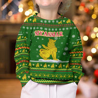 Myanmar Christmas Kid Ugly Christmas Sweater with Green-Gold Theme, Chinthe Lion, and Santa Motif - Wonder Print Shop