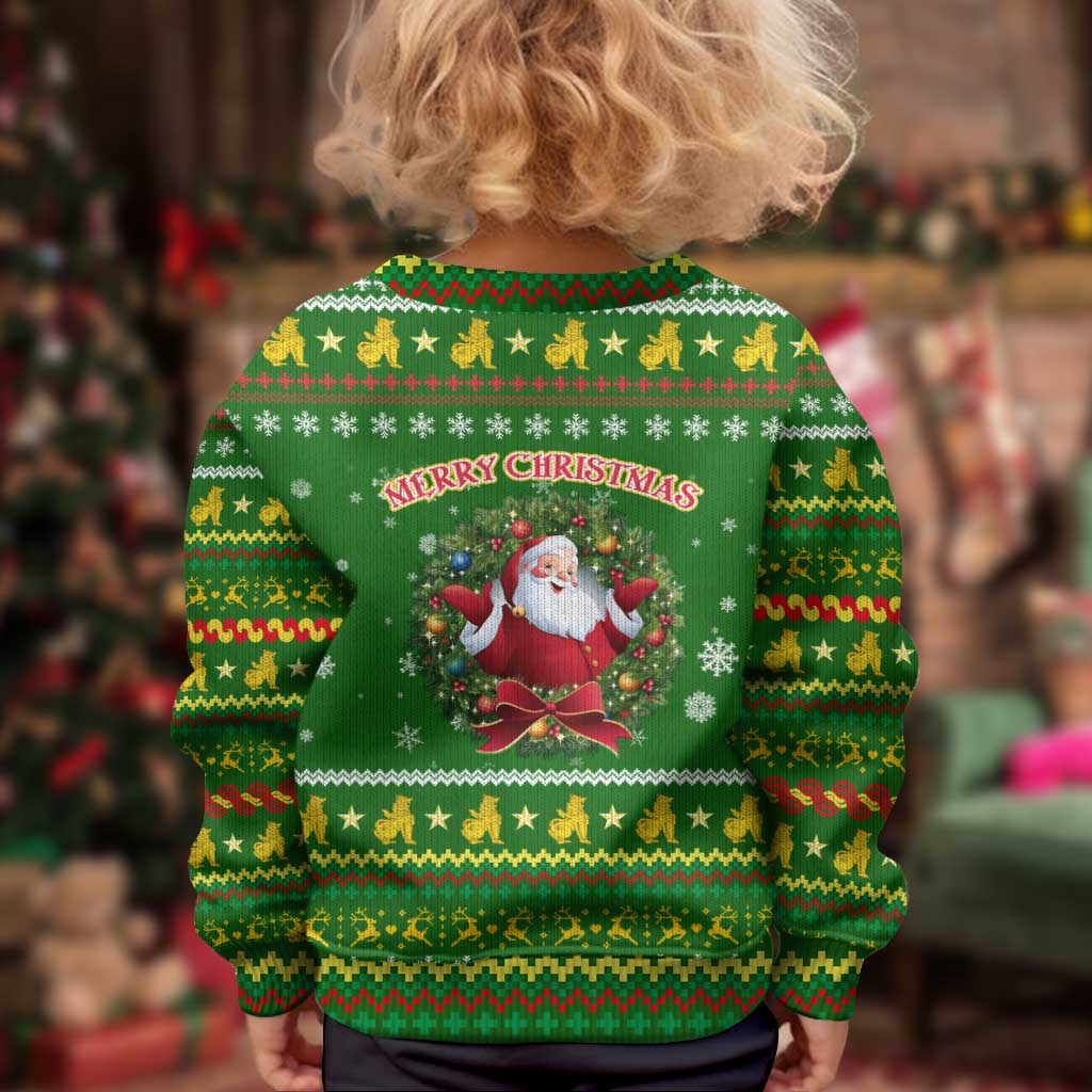 Myanmar Christmas Kid Ugly Christmas Sweater with Green-Gold Theme, Chinthe Lion, and Santa Motif - Wonder Print Shop