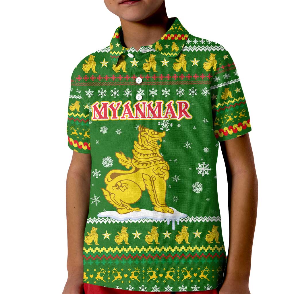 Myanmar Christmas Kid Polo Shirt with Green-Gold Theme, Chinthe Lion, and Santa Motif - Wonder Print Shop