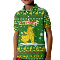 Myanmar Christmas Kid Polo Shirt with Green-Gold Theme, Chinthe Lion, and Santa Motif - Wonder Print Shop