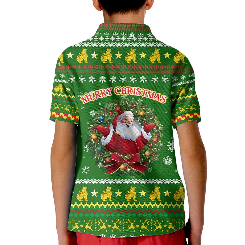 Myanmar Christmas Kid Polo Shirt with Green-Gold Theme, Chinthe Lion, and Santa Motif - Wonder Print Shop