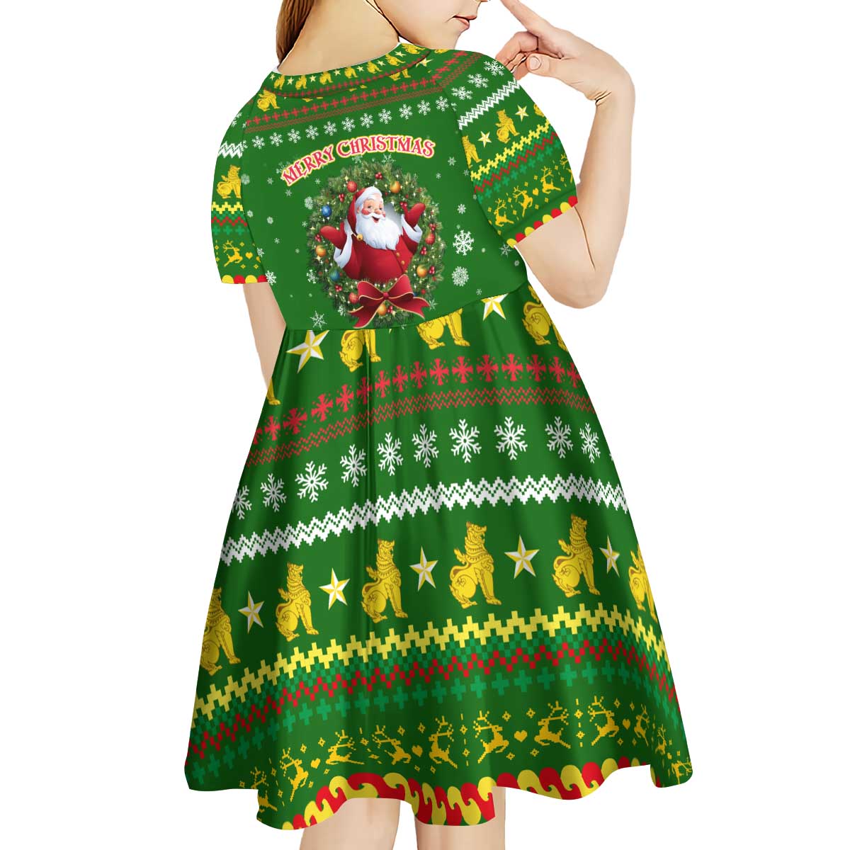 Myanmar Christmas Kid Short Sleeve Dress with Green-Gold Theme, Chinthe Lion, and Santa Motif - Wonder Print Shop