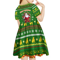 Myanmar Christmas Kid Short Sleeve Dress with Green-Gold Theme, Chinthe Lion, and Santa Motif - Wonder Print Shop