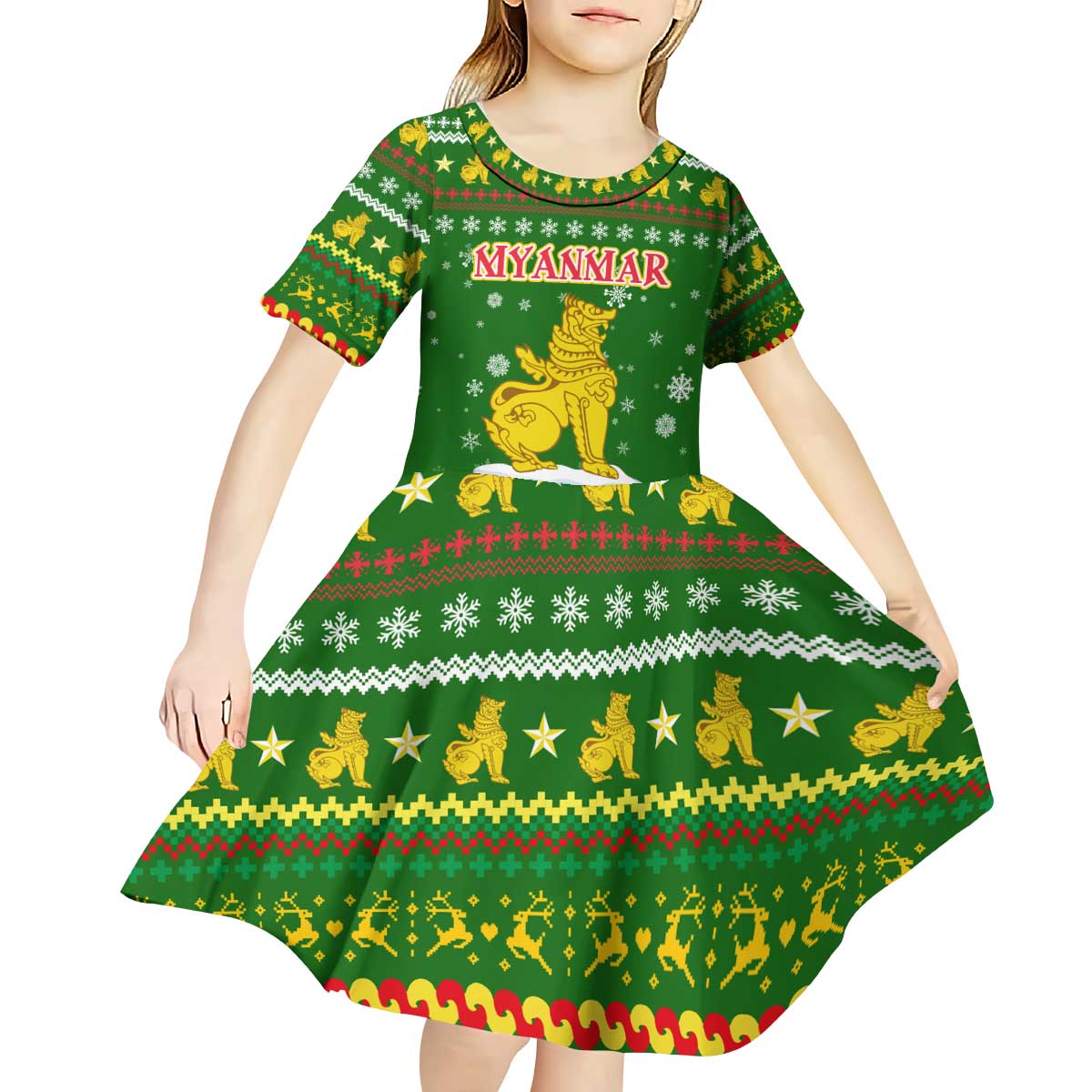 Myanmar Christmas Kid Short Sleeve Dress with Green-Gold Theme, Chinthe Lion, and Santa Motif - Wonder Print Shop