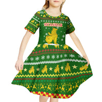 Myanmar Christmas Kid Short Sleeve Dress with Green-Gold Theme, Chinthe Lion, and Santa Motif - Wonder Print Shop