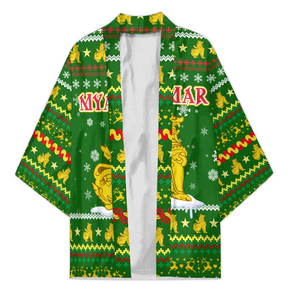 Myanmar Christmas Kimono with Green-Gold Theme, Chinthe Lion, and Santa Motif - Wonder Print Shop
