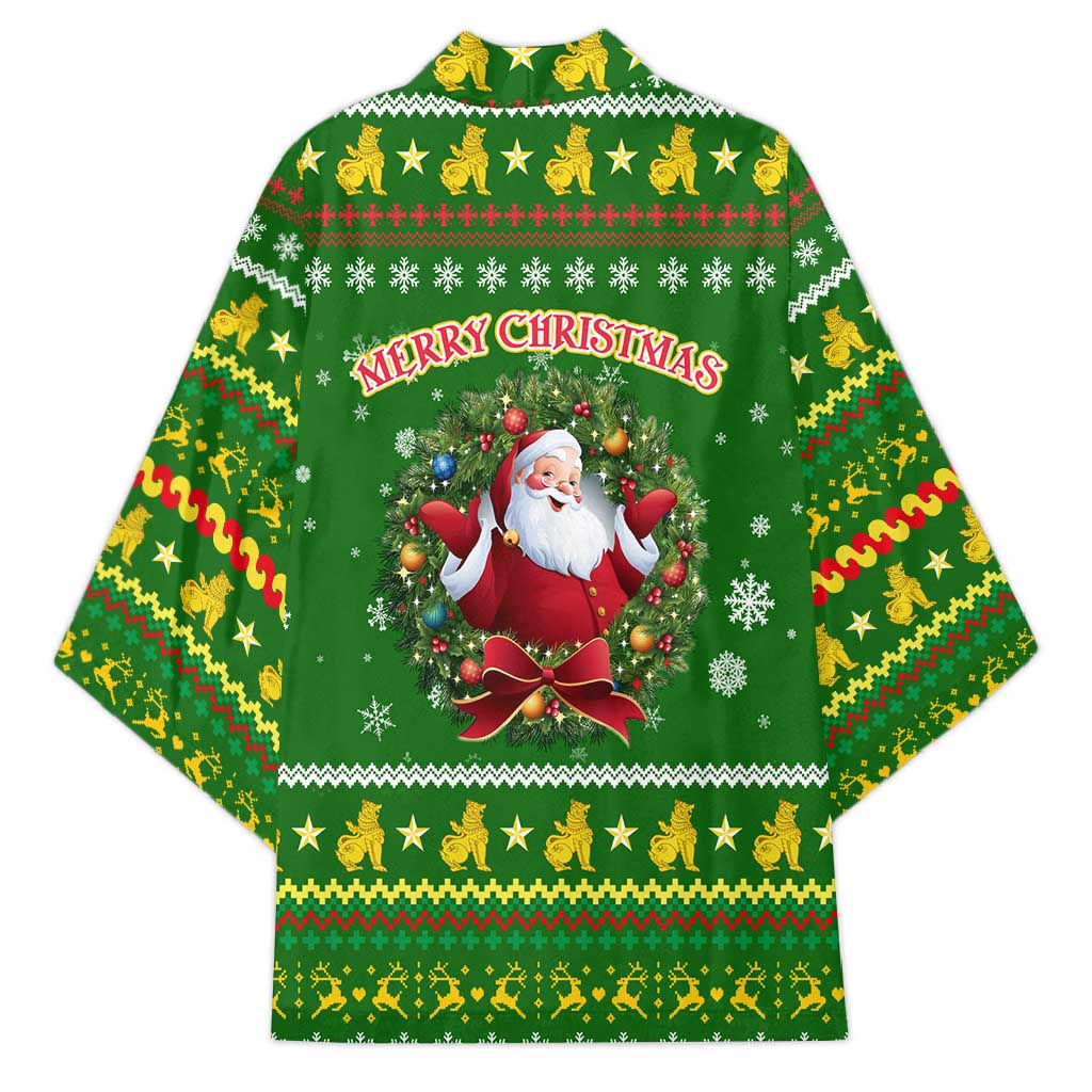 Myanmar Christmas Kimono with Green-Gold Theme, Chinthe Lion, and Santa Motif - Wonder Print Shop