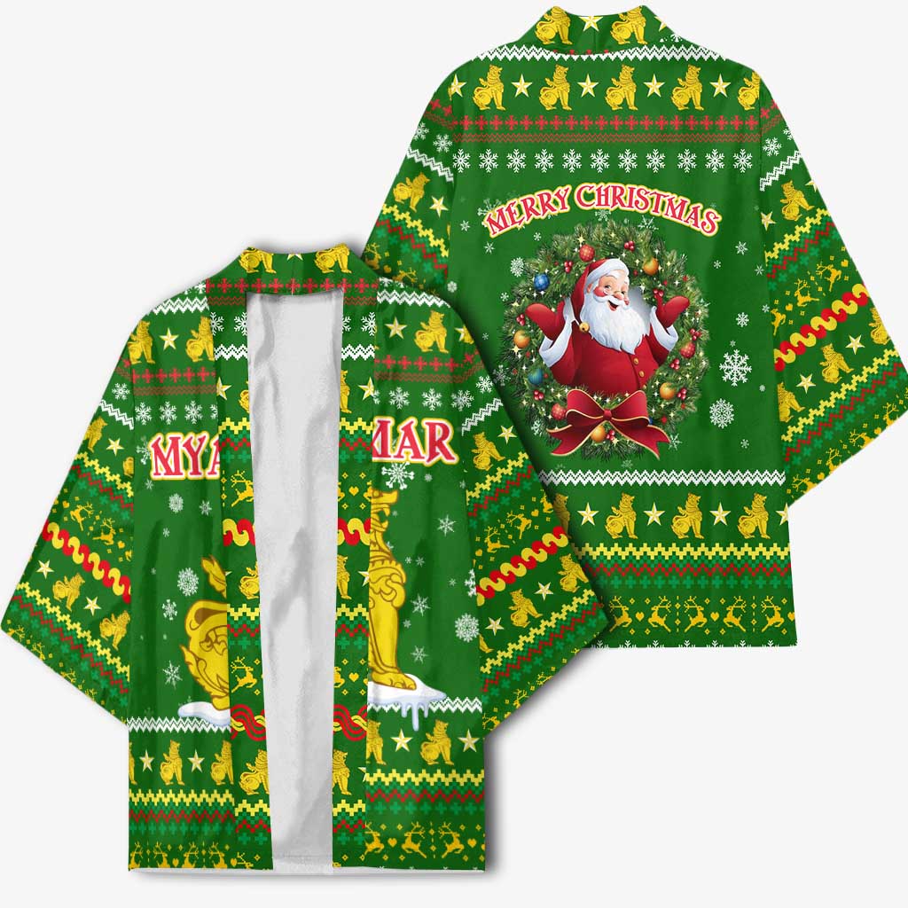 Myanmar Christmas Kimono with Green-Gold Theme, Chinthe Lion, and Santa Motif - Wonder Print Shop