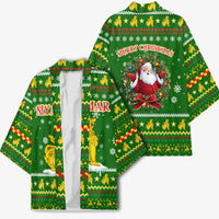 Myanmar Christmas Kimono with Green-Gold Theme, Chinthe Lion, and Santa Motif - Wonder Print Shop