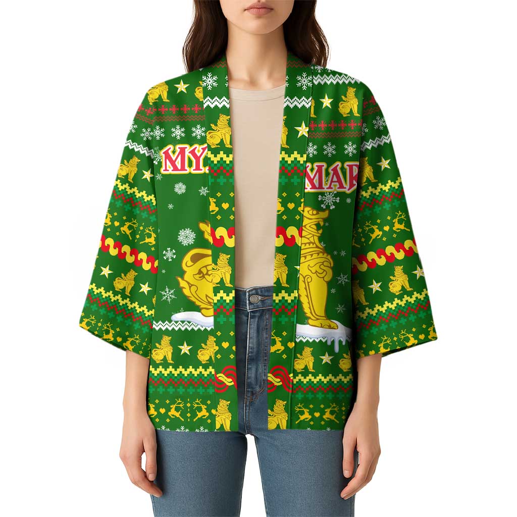Myanmar Christmas Kimono with Green-Gold Theme, Chinthe Lion, and Santa Motif - Wonder Print Shop