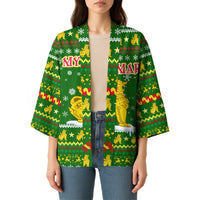 Myanmar Christmas Kimono with Green-Gold Theme, Chinthe Lion, and Santa Motif - Wonder Print Shop