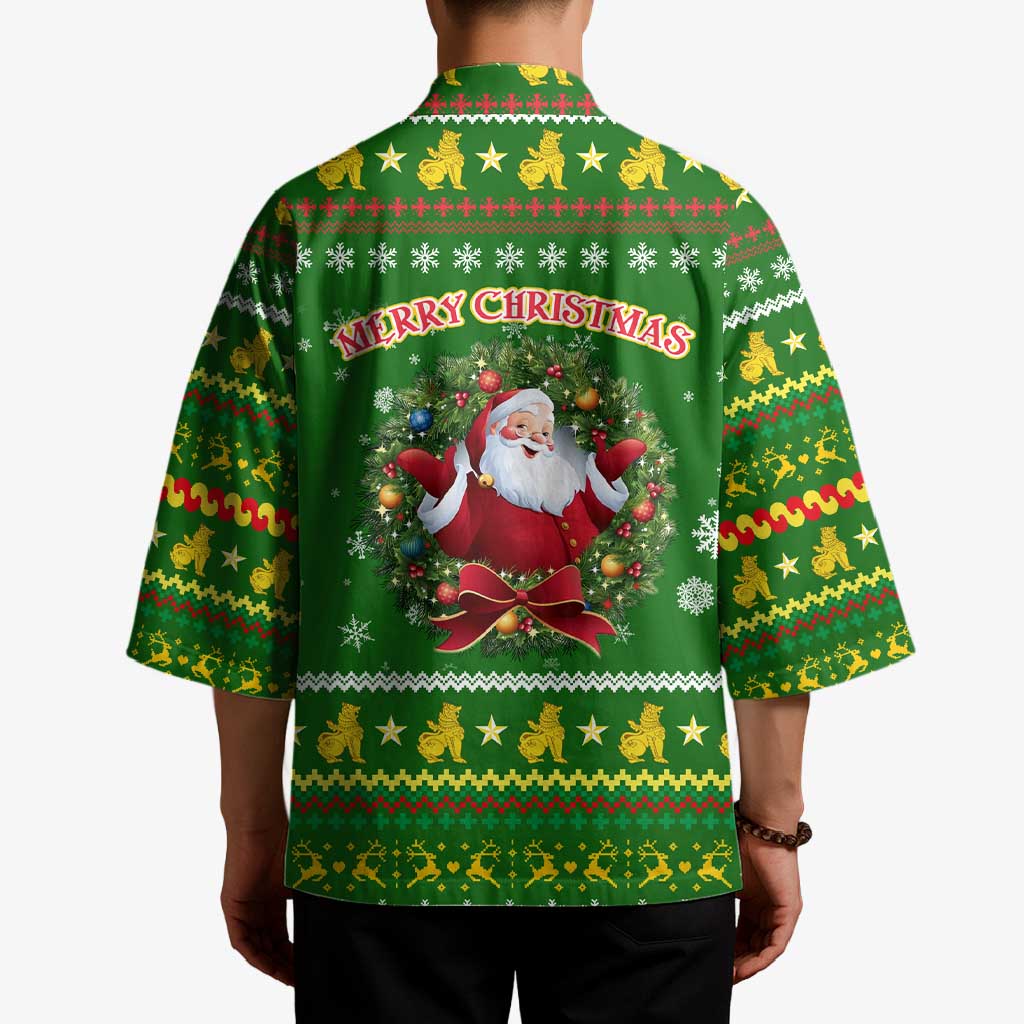 Myanmar Christmas Kimono with Green-Gold Theme, Chinthe Lion, and Santa Motif - Wonder Print Shop