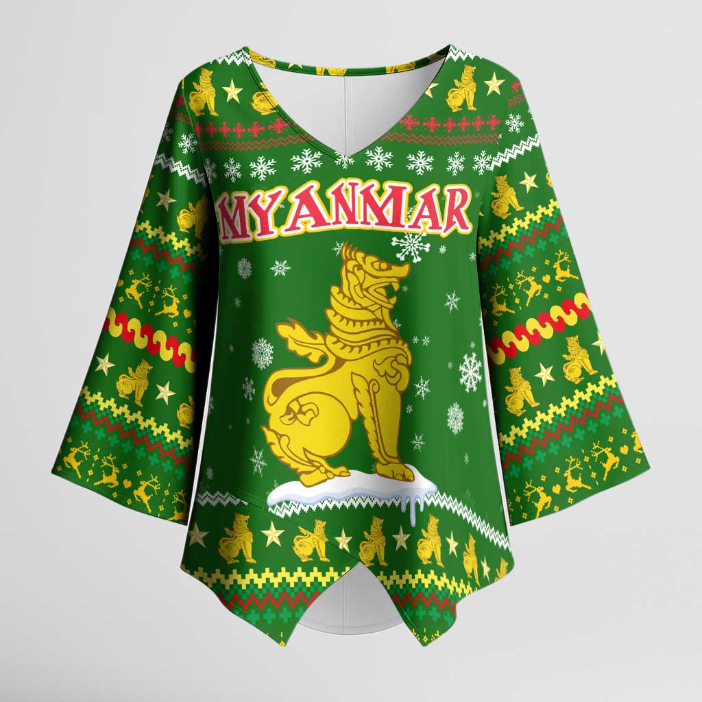 Myanmar Christmas Kimono Sleeve Blouse with Green-Gold Theme, Chinthe Lion, and Santa Motif - Wonder Print Shop