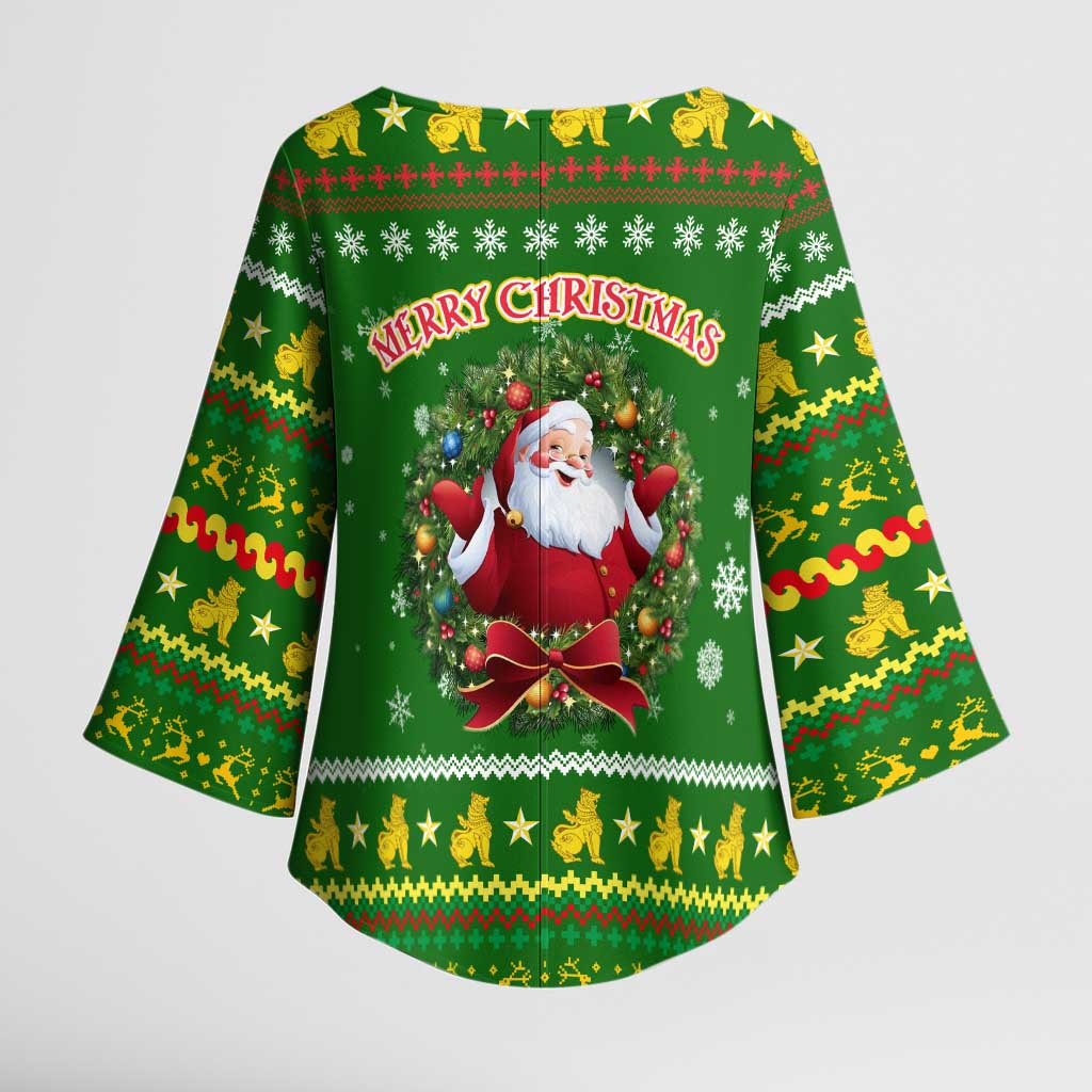 Myanmar Christmas Kimono Sleeve Blouse with Green-Gold Theme, Chinthe Lion, and Santa Motif - Wonder Print Shop