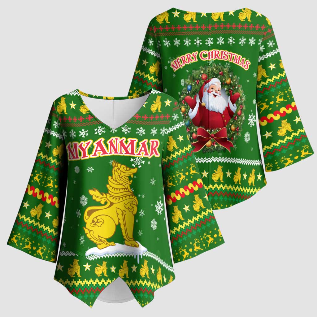 Myanmar Christmas Kimono Sleeve Blouse with Green-Gold Theme, Chinthe Lion, and Santa Motif - Wonder Print Shop
